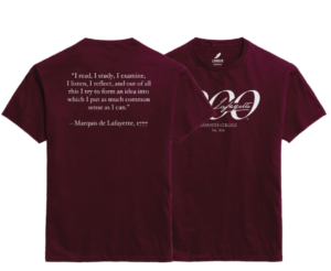 The front and back of a maroon Bicentennial T-shirt is shown. The front side shows the 200 logo with the Marquis' signature inside the 00's. The back displays a Marquis quote: “I read, I study, I examine, I listen, I think, and out of all that I try to form an idea into which I put as much common sense as I can.”